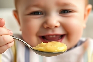 Happy baby eating healthy baby food